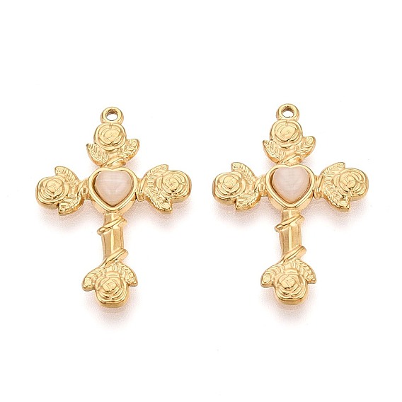 304 подвески из нержавеющей стали и смолы, крест с цветком розы и подвеской в виде сердца, ионное покрытие (ip)