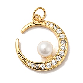 Rack Plating Brass Micro Pave Clear Cubic Zirconia Pendants, with ABS Plastic Imitation Pearl and Jump Ring, Cadmium Free & Nickel Free & Lead Free, Moon