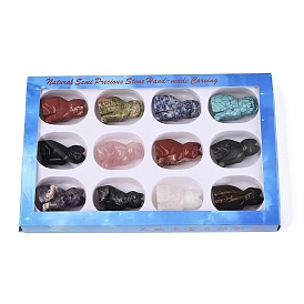 Conjunto de figuritas de gatos con forma de piedras preciosas mixtas, naturales y sintéticas., Adorno para la decoración del escritorio de la oficina en casa, con caja de regalo de papel