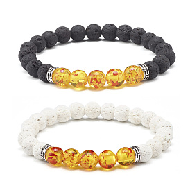 Oil Diffuser Yoga Natural & Synthetic Lava Rock Beads Stretch Bracelets Set for Girl Women, Resin Imitation Amber Beads Bracelets