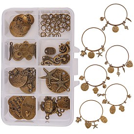 SUNNYCLUE Adjustable Brass Bangles Making, with Tibetan Style Pendants, Iron Jump Rings