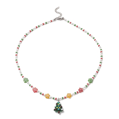 Christmas Tree Lampwork Pendant Necklace with Glass Seed Flower Chains for Women