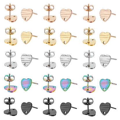 40Pcs 8 Color 304 Stainless Steel Stud Earring Findings, with Hole & Ear Nuts, Textured Heart