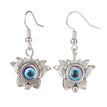 Alloy Lotus with Resin Evil Eye Dangle Earrings, Brass Jewelry for Women