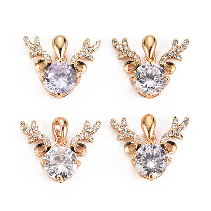 Brass Micro Cubic Zirconia Pendants, Cadmium Free & Nickel Free & Lead Free, Deer, Light Gold