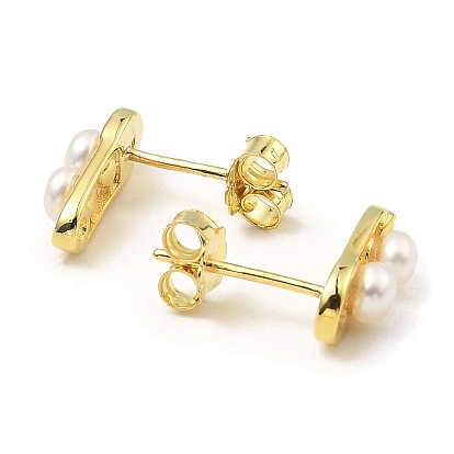 Rack Plating 925 Sterling Silver Safety Pin Shape Stud Earrings, with Natural Pearl Beaded