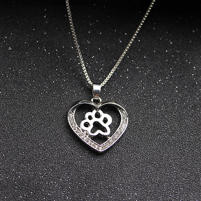 Unique Cutout Dog Paw Pendant with Heart-shaped Diamond Alloy Necklace