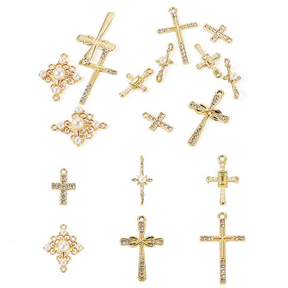 12 шт. 6 стили подвески-крестики из сплава со стразами и пластиковыми жемчужинами и комплекты фурнитуры для звеньев