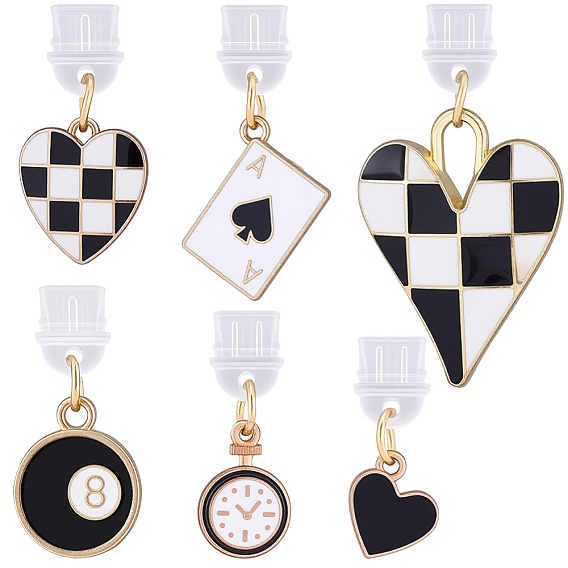 6Pcs PVC Mobile Dustproof Plugs, with Alloy Enamel Pendants, Mixed Shapes, Light Gold
