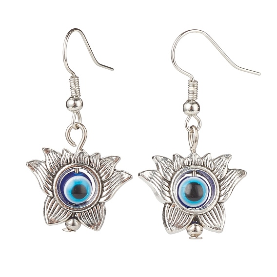 Alloy Lotus with Resin Evil Eye Dangle Earrings, Brass Jewelry for Women