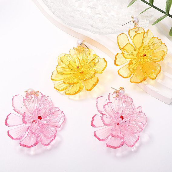 Transparent Acrylic Flower Dangle Earrings, Alloy Imitation Pearl Top Stud Earrings, 304 Stainless Steel Earrings, Golden