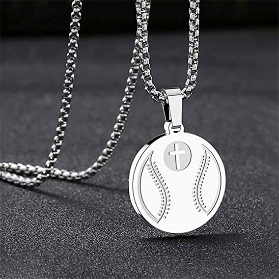 304 Collares con colgante de pelota deportiva en cruz de acero inoxidable, color acero inoxidable