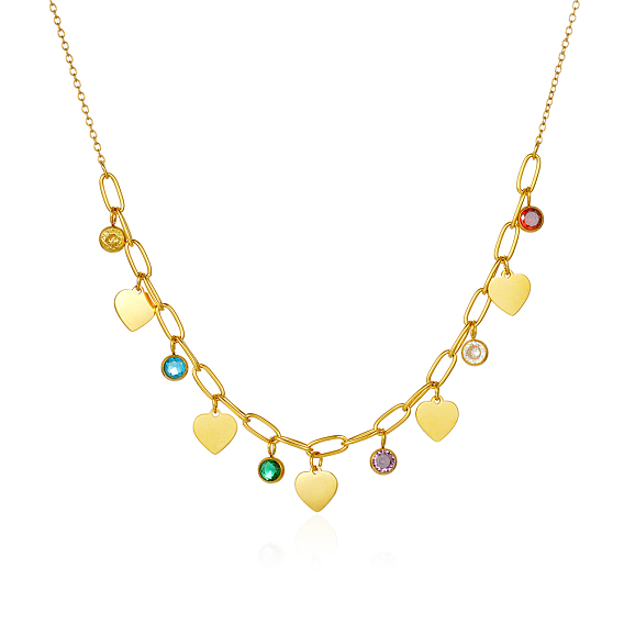 Легкие роскошные ожерелья из нержавеющей стали с разноцветными кубическими цирконами в форме сердца с кисточками для женщин на каждый день