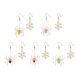 Natural Gemstone Dangle Earrings, Brass Jewelry for Women, Spider & Spider Web