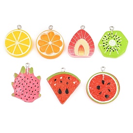 Opaque Resin Imitation Fruit Pendants, Fruit Slice Shape Charm, with Platinum Iron Loops