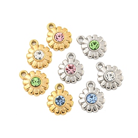 304 Stainless Steel Pendants, with Rhinestone, Flower Charms, Real 14K Gold Plated