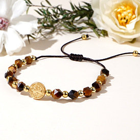 Luxury Fashion Star Cut Round Natural Tiger Eye Braided Bead Bracelets, with Flat Round & Saint Brass Beads for Women Men