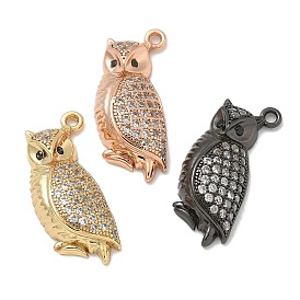 Rack Plating Brass Micro Pave Cubic Zirconia Pendants, Long-Lasting Plated, Lead Free & Cadmium Free, Owl Charms