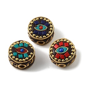 Perles d'indonésie fait main en pâte polymère, avec de la résine et du laiton non plaqué, rond et plat avec des mauvais œil