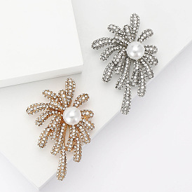 Alloy and Glass Rhinestone Fireworks Brooch, with Imitation Pearl