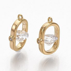 Brass Clear Cubic Zirconia Charms, Nickel Free, Oval, Real 18K Gold Plated