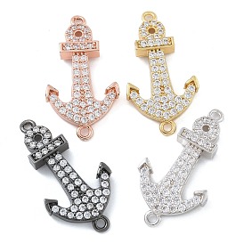 Rack Plating Brass Micro Pave Clear Cubic Zirconia Anchor Connector Charms, Long-Lasting Plated, Lead Free & Cadmium Free