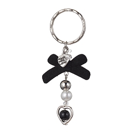 Porte-clés acryliques floqués bowknot, avec coeur en alliage et anneau fendu en fer
