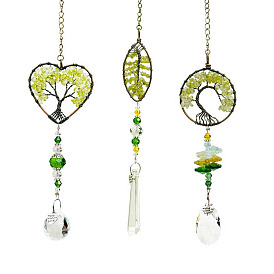 Glass Teardrop/Cone Pendant Decorations, Natural Peridot Chips Flat Round/Leaf/Heart with Tree of Life Hanging Suncatchers, with Metal Findings, for Home, Car Interior Ornaments