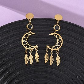 304 из нержавеющей стали болтаться серьги, со стеклом, луна с листом, ионное покрытие (ip)