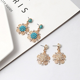 Turquoise Pearl Gemstone Flower Baroque Vintage Earrings Studs