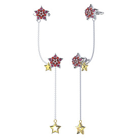Red Cubic Zirconia Star Stud Earring with Ear Cuff Droping Chains, 925 Sterling Silver Cuffs Tassel Earrings for Women
