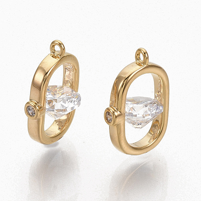 Brass Clear Cubic Zirconia Charms, Nickel Free, Oval, Real 18K Gold Plated