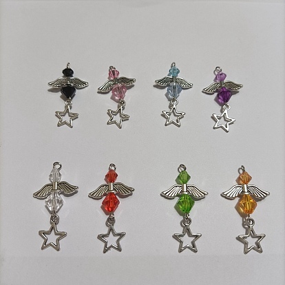 8 pcs 8 couleurs pendentifs en alliage de style acrylique et tibétain transparent, avec épingle à oeil en fer