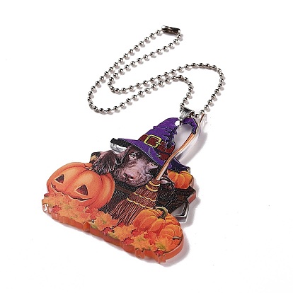 Opaque One-sided Printed Acrylic Big Pendants, with Iron, for Halloween, Animals with Pumpkin