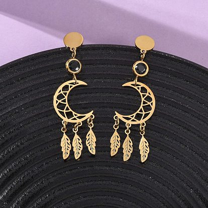 304 из нержавеющей стали болтаться серьги, со стеклом, луна с листом, ионное покрытие (ip)