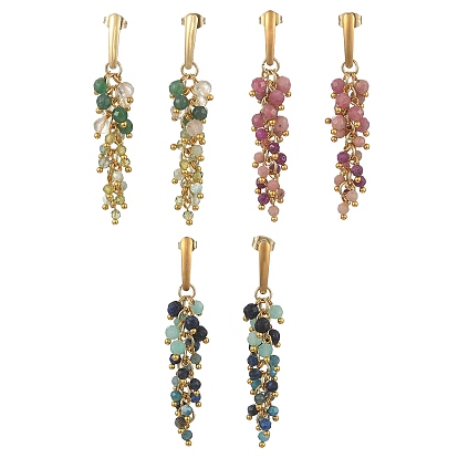 304 Stainless Steel with Natural Mixed Gemstone Stud Earrings, Round, Tassel Earrings, Golden