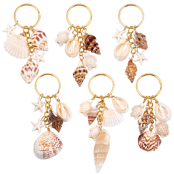 6Pcs 6 Styles Ocean Style Natural Shell with Synthetic Turquoise & Spiral Shell Keychains, Golden
