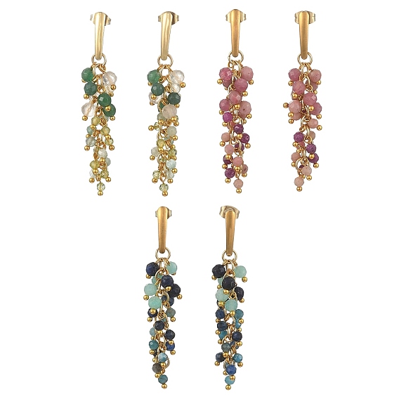 304 Stainless Steel with Natural Mixed Gemstone Stud Earrings, Round, Tassel Earrings, Golden