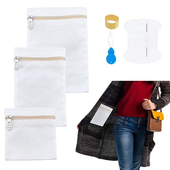 DIY Sewing Pocket Kits, Including 3Pcs 3 Styles Canvas Cloth Packing Pouches Zipper Bags, Rectangle Square, with 1Pc Iron Sewing Thimbles, Sewing Threader and 1 Bag DIY Sewing Kits