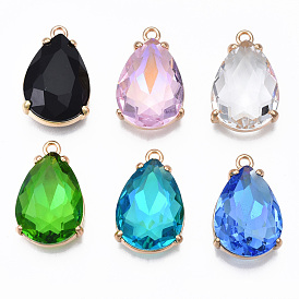 Glass Pendants, with Light Gold Brass Findings, Long-Lasting Plated, Faceted, Teardrop