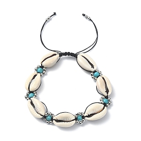 Synthetic Turquoise & Natural Shell Braided Bead Bracelets, Nylon Cord Adjustable Bracelet