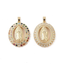 Brass Cubic Zirconia Pendants, Long-Lasting Plated, Oval with Holy Virgin Charms