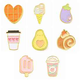 Food Theme Enamel Pin, Golden Alloy Brooch for Backpack Clothes, Drink/Ice Cream/Fruit