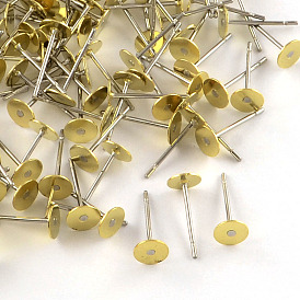 304 Stainless Steel Stud Earring Settings with Flat Round Brass Heads, Tray: 5mm, 12x5mm, Pin: 0.8mm