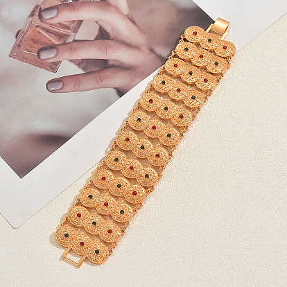 Vintage Brass and Alloy Pave Cubic Zirconia Coin Link Chain Bracelets for Women, Red and Green