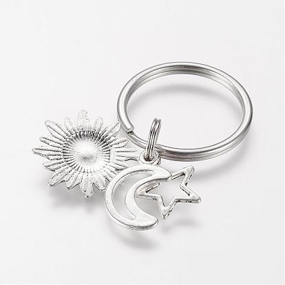 Alloy Keychain, with 316 Surgical Stainless Steel Key Ring, Sun, Star and Moon