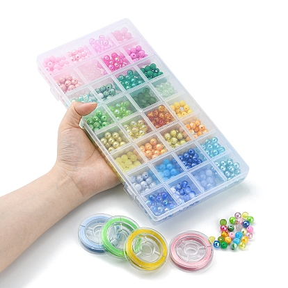 DIY Candy Color Bracelet Making Kit, Including Acrylic Round & ABS Imitation Pearl Beads, Elastic Crystal String