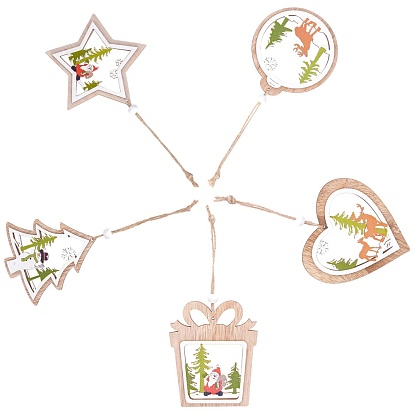 5Pcs 5 Styles Wooden Ornaments, with Jute Twine, for Party Gift Home Decoration, Mixed Shapes