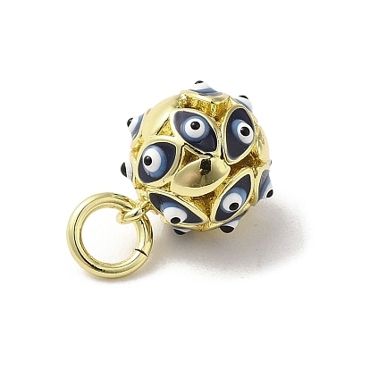 Brass Enamel Charms, with Jump Ring, Real 18K Gold Plated, Round with Evil Eye Charm