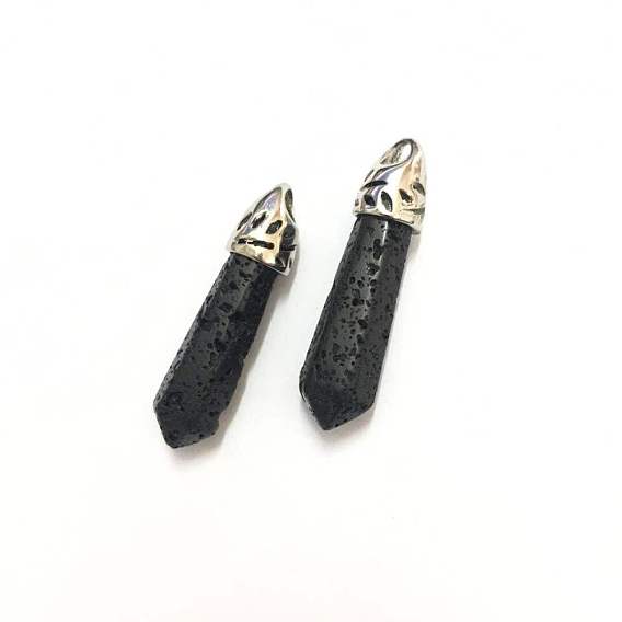 Bullet Lava Rock Pointed Pendants, with Platinum Tone Alloy Findings